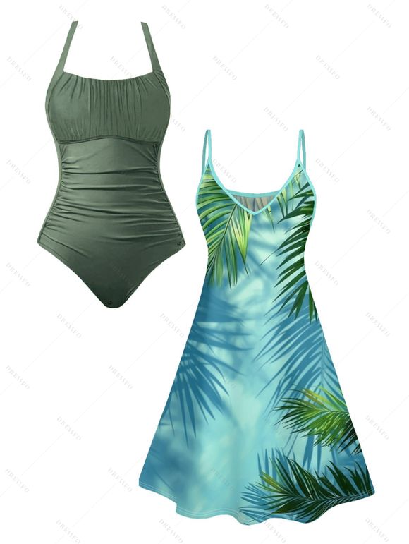 Vacation Tropical Leaf Print V Neck Spaghetti Strap Dress And Ruched One-piece Swimsuit Outfit - Vert profond S | US 4