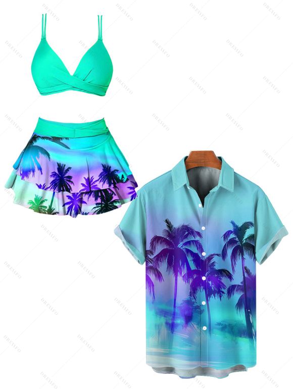 Ombre Tropical Print Skirtini Bikini Swimsuit And Short Sleeve Shirt Vacation Outfit - Vert clair S | US 4