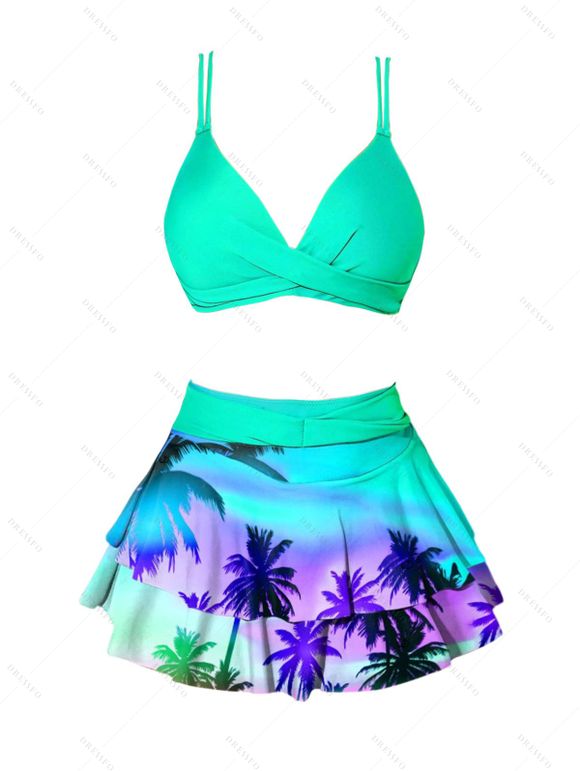 Ombre Tropical Print Skirtini Bikini Swimsuit And Short Sleeve Shirt Vacation Outfit - Vert clair S | US 4