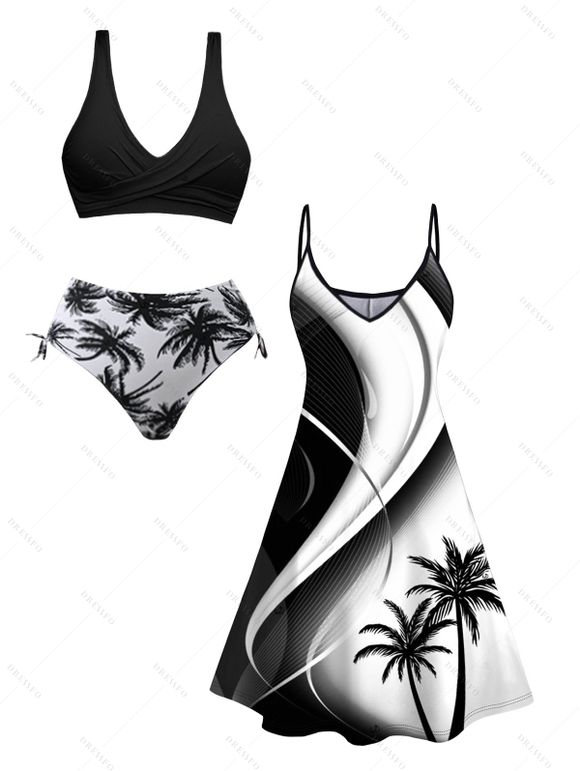 Coconut Tree Print High Waist V Neck Spaghetti Strap Dress And Crossover Half And Half Print Cinched Bikini Swimsuit Beach Outfit - Noir S | US 4