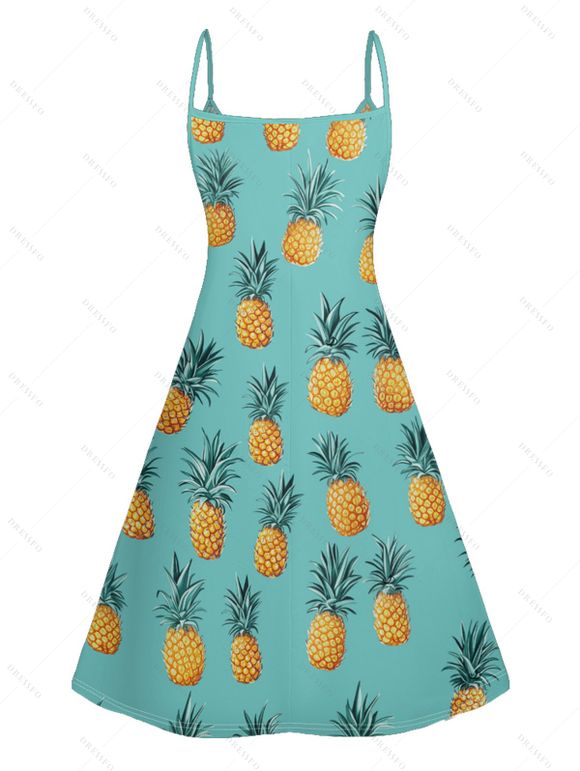 Mini Robe de Vacances Hawaïen Ananas Imprimé à Bretelle Fine à Col V - Vert clair S | US 4