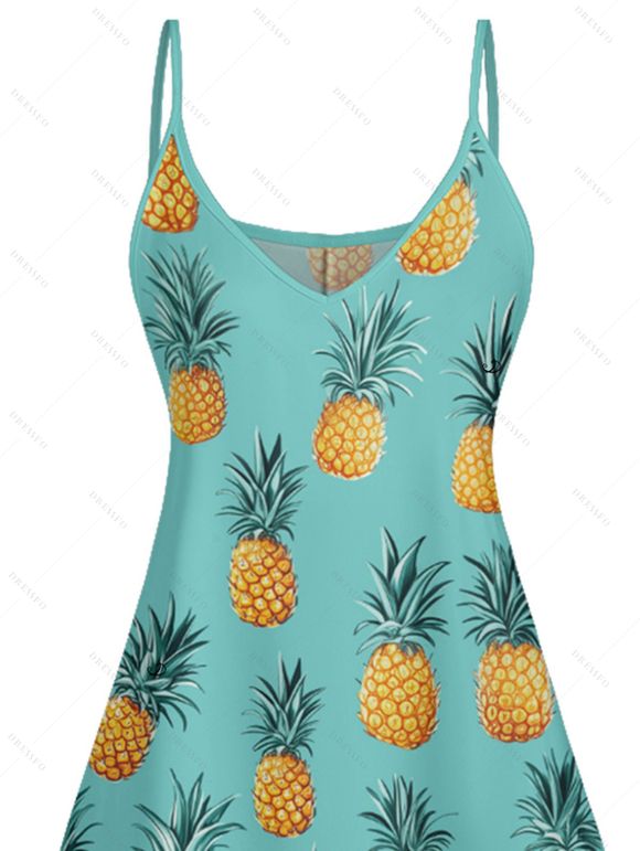 Mini Robe de Vacances Hawaïen Ananas Imprimé à Bretelle Fine à Col V - Vert clair S | US 4