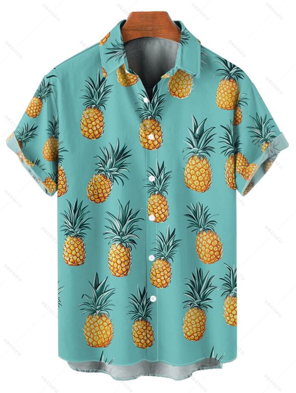 Chemise de Vacances Hawaïen Boutonnée Ananas Imprimé à Manches Courtes - Vert clair 5XL