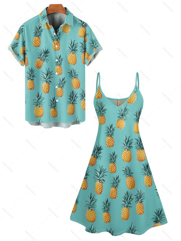 Pineapple Print V Neck Spaghetti Strap Mini Hawaii Vacation Dress And Short Sleeve Shirt Matching Outfit - Vert clair S | US 4