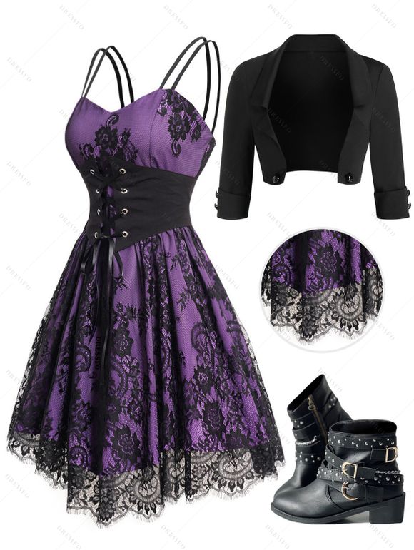 Allover Flower Print Lace Mesh Overlay Corset Belt Cami Dress And Open Front Crop Jacket Rivets Zip Up Boots Outfit - Pourpre S | US 4