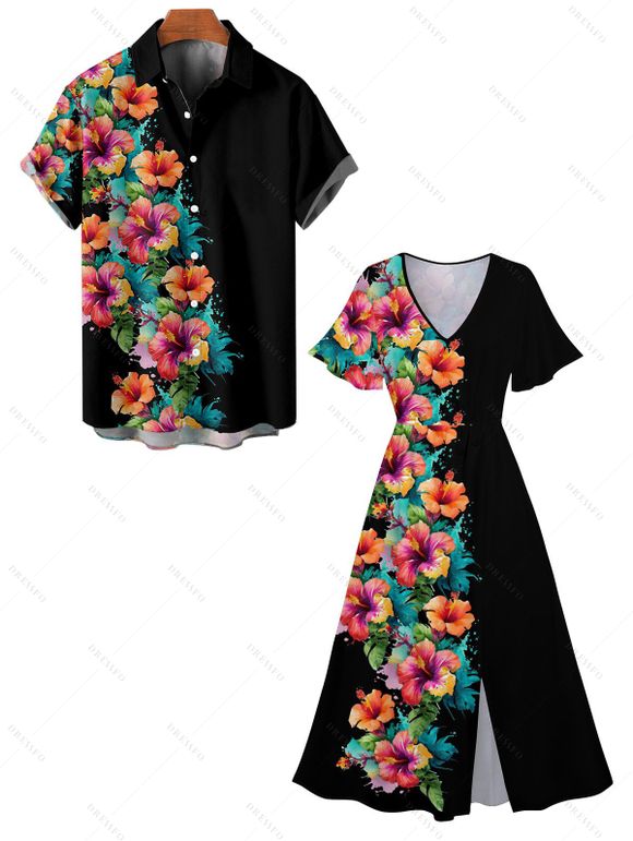 Flower Half And Half Print Flutter Sleeve Vacation Midi Dress And Short Sleeve Shirt Outfit - Noir S | US 4