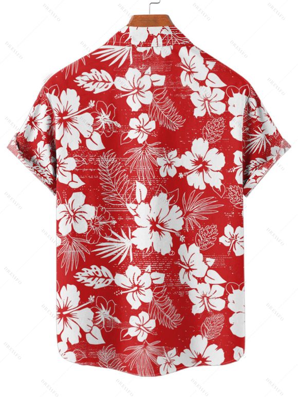 Chemise de Vacances Fleurie Imprimée Boutonnée à Manches Courtes - Rouge 2XL