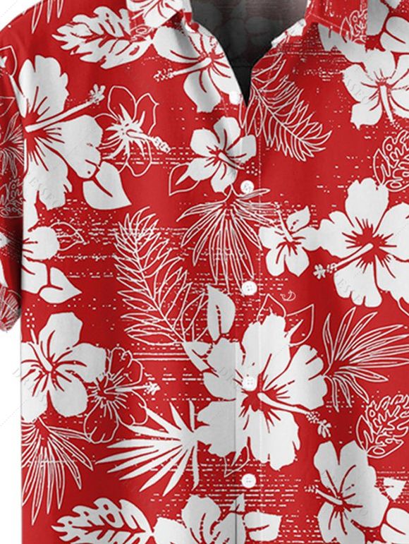Chemise de Vacances Fleurie Imprimée Boutonnée à Manches Courtes - Rouge 2XL