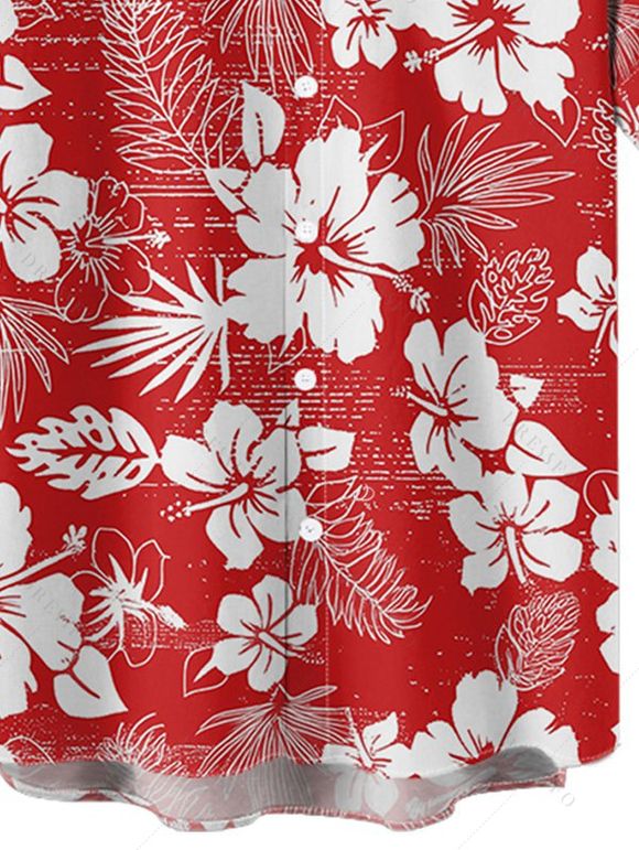 Chemise de Vacances Fleurie Imprimée Boutonnée à Manches Courtes - Rouge 2XL