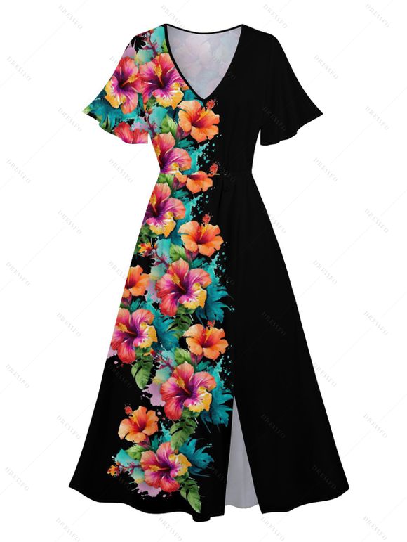 Robe Mi-Longue de Vacances Fleur et Demi-Manches à Col V - Noir XXL | US 14