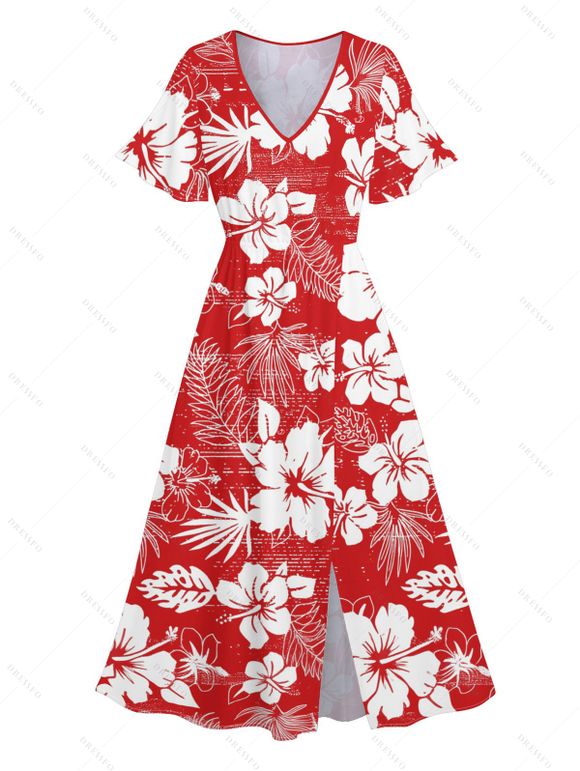 Robe de Vacances Mi-Longue Fleurie Imprimée Manches Bouffantes à Col V - Rouge XXL | US 14