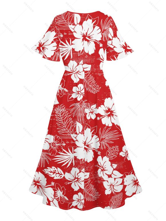 Robe de Vacances Mi-Longue Fleurie Imprimée Manches Bouffantes à Col V - Rouge XXL | US 14