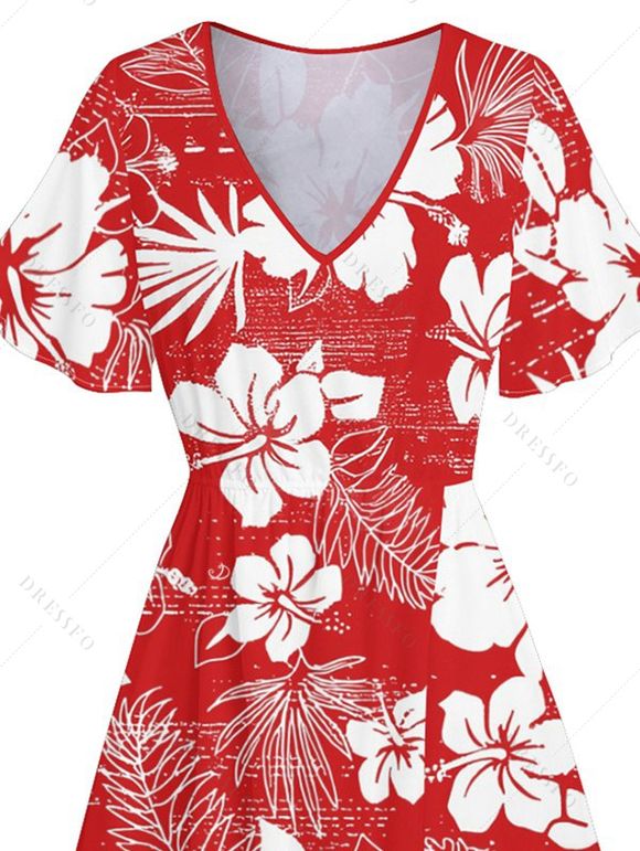 Robe de Vacances Mi-Longue Fleurie Imprimée Manches Bouffantes à Col V - Rouge XXL | US 14