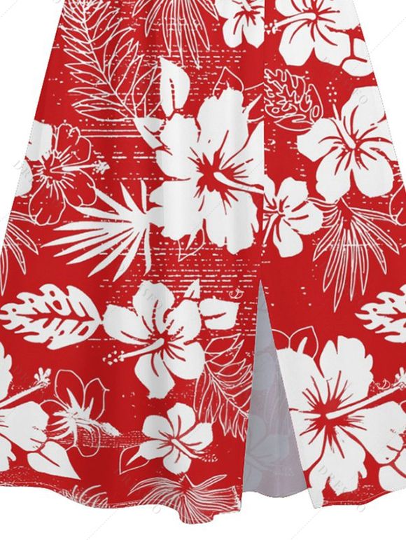 Robe de Vacances Mi-Longue Fleurie Imprimée Manches Bouffantes à Col V - Rouge XXL | US 14