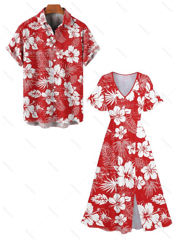 Hawaii Tropical Print V Neck Split Hem Flutter Sleeve Vacation Dress And Short Sleeve Shirt Matching Outfit - Rouge S | US 4