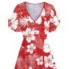 Robe de Vacances Mi-Longue Fleurie Imprimée Manches Bouffantes à Col V - Rouge XXL | US 14