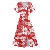 Hawaii Tropical Print V Neck Split Hem Flutter Sleeve Vacation Dress And Short Sleeve Shirt Matching Outfit - Rouge S | US 4