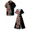 Flower Half And Half Print Flutter Sleeve Vacation Midi Dress And Short Sleeve Shirt Outfit - Noir S | US 4