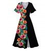 Flower Half And Half Print Flutter Sleeve Vacation Midi Dress And Short Sleeve Shirt Outfit - Noir S | US 4