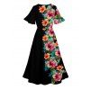 Flower Half And Half Print Flutter Sleeve Vacation Midi Dress And Short Sleeve Shirt Outfit - Noir S | US 4