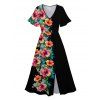 Robe Mi-Longue de Vacances Fleur et Demi-Manches à Col V - Noir S | US 4