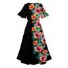 Robe Mi-Longue de Vacances Fleur et Demi-Manches à Col V - Noir S | US 4