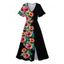 Robe Mi-Longue de Vacances Fleur et Demi-Manches à Col V - Noir L | US 8-10