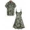 Allover Tropical Leaf Print V Neck Spaghetti Strap Mini Dress And Shirt Hawaii Vacation Matching Outfit - Vert profond S | US 4