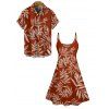 Allover Tropical Leaf Print V Neck Spaghetti Strap Mini Dress And Shirt Hawaii Vacation Matching Outfit - Rouge S | US 4