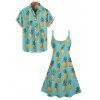 Pineapple Print V Neck Spaghetti Strap Mini Hawaii Vacation Dress And Short Sleeve Shirt Matching Outfit - Vert clair S | US 4