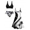 Coconut Tree Print High Waist V Neck Spaghetti Strap Dress And Crossover Half And Half Print Cinched Bikini Swimsuit Beach Outfit - Noir S | US 4