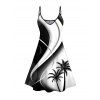 Coconut Tree Print High Waist V Neck Spaghetti Strap Dress And Crossover Half And Half Print Cinched Bikini Swimsuit Beach Outfit - Noir S | US 4