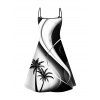 Coconut Tree Print High Waist V Neck Spaghetti Strap Dress And Crossover Half And Half Print Cinched Bikini Swimsuit Beach Outfit - Noir S | US 4