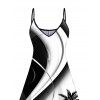 Coconut Tree Print High Waist V Neck Spaghetti Strap Dress And Crossover Half And Half Print Cinched Bikini Swimsuit Beach Outfit - Noir S | US 4