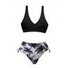 Coconut Tree Print High Waist V Neck Spaghetti Strap Dress And Crossover Half And Half Print Cinched Bikini Swimsuit Beach Outfit - Noir S | US 4