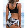 Coconut Tree Print High Waist V Neck Spaghetti Strap Dress And Crossover Half And Half Print Cinched Bikini Swimsuit Beach Outfit - Noir S | US 4