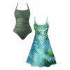 Vacation Tropical Leaf Print V Neck Spaghetti Strap Dress And Ruched One-piece Swimsuit Outfit - Vert profond S | US 4