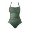 Vacation Tropical Leaf Print V Neck Spaghetti Strap Dress And Ruched One-piece Swimsuit Outfit - Vert profond S | US 4