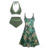 Allover Tropical Leaf Print Vacation Mini Dress And Sheer Mesh Panel Halter Two Piece Swimsuit Outfit - Vert profond S | US 4