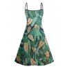 Allover Tropical Leaf Print Vacation Mini Dress And Sheer Mesh Panel Halter Two Piece Swimsuit Outfit - Vert profond S | US 4