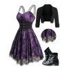 Allover Flower Print Lace Mesh Overlay Corset Belt Cami Dress And Open Front Crop Jacket Rivets Zip Up Boots Outfit - Pourpre S | US 4