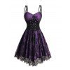 Allover Flower Print Lace Mesh Overlay Corset Belt Cami Dress And Open Front Crop Jacket Rivets Zip Up Boots Outfit - Pourpre S | US 4