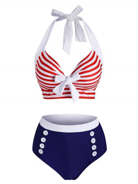 Maillot de Bain Tankini Rayé Vintage Gainant Noué avec Faux Bouton à Col Halter