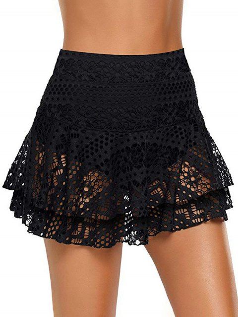 Hollow Out Lace Overlay High Waist Solid Color Swim Skorts