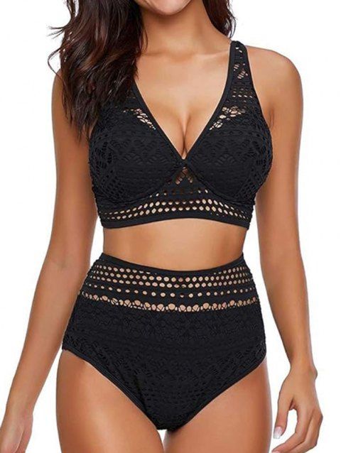 Solid Color Lace Overlay Cut Out Two Piece Bikini Swimsuit Plunging Neck High Waist Bathing Swimwear