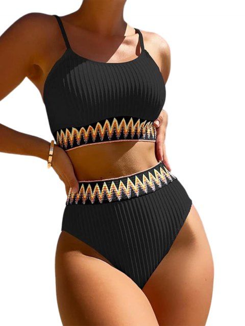 Maillot de Bain Tankini Côtelé Zigzag Imprimé Coloré à Taille Haute à Armature