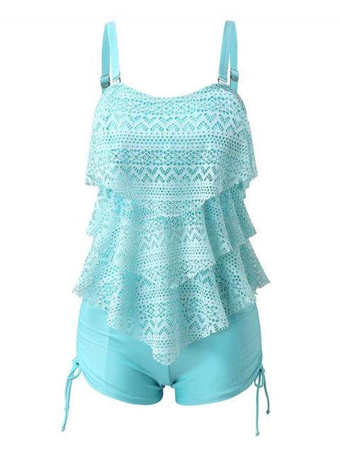 Layered Hollow Out Lace Overlay Tankini Swimsuit Cinched Solid Color Two Piece Boyshorts Swimwear