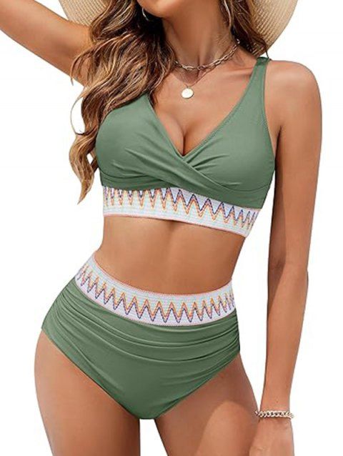 Contrast Zigzag Print Crossover Bikini Swimsuit Plunging Neck High Waist Two Piece Swimwear