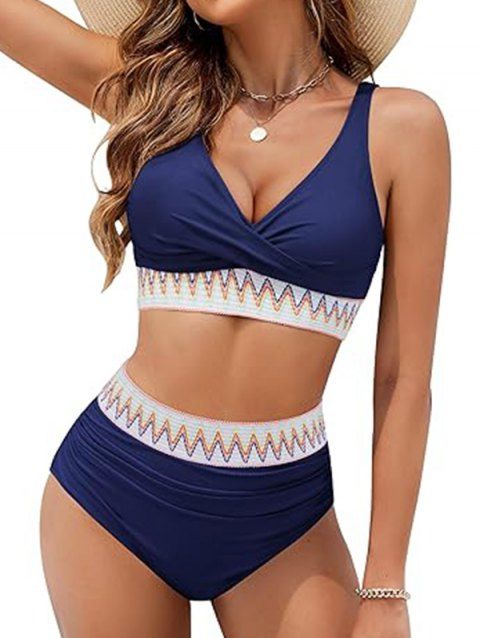 Maillot de Bain Bikini Croisé Contrasté Zigzag Imprimé à Taille Haute Deux Pièces