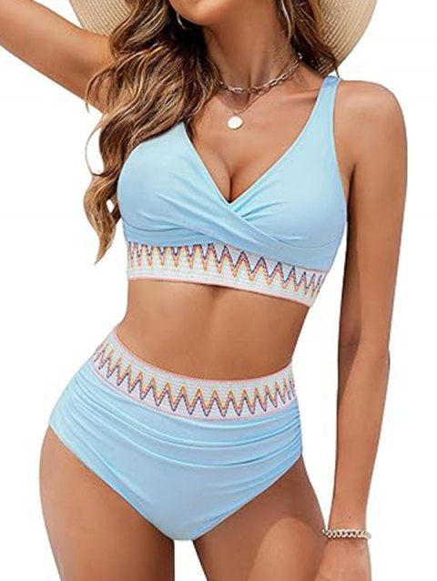 Maillot de Bain Bikini Croisé Contrasté Zigzag Imprimé à Taille Haute Deux Pièces